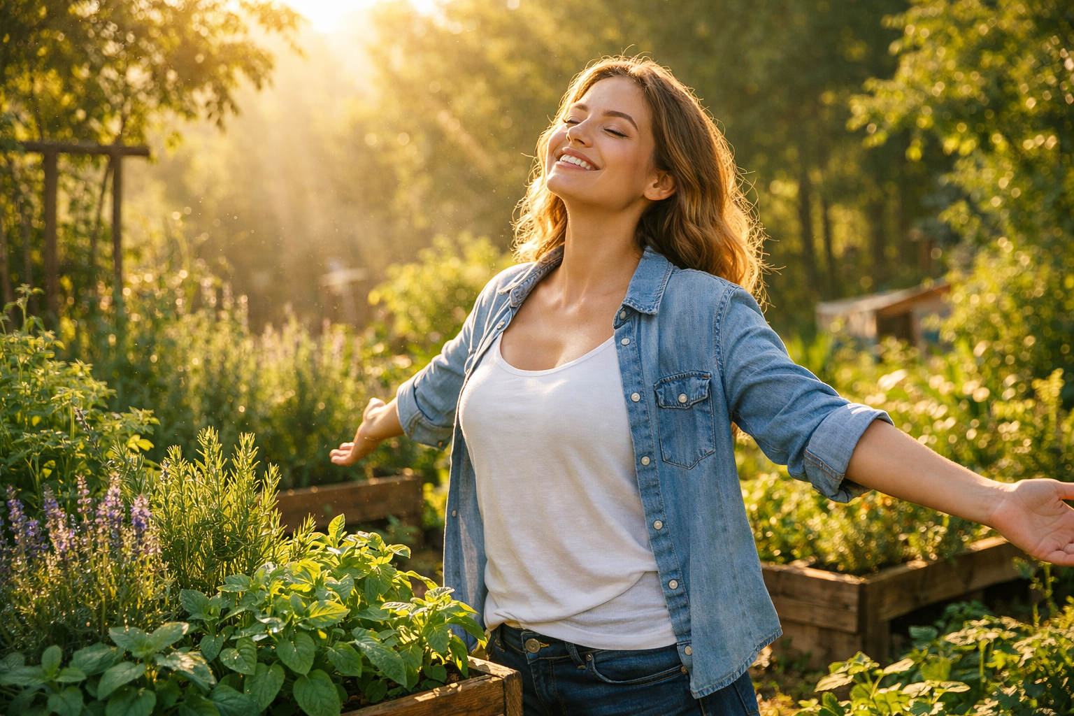 Person enjoying morning sunlight in a natural garden setting with fresh herbs and plants, feeling energized and confident for the day ahead