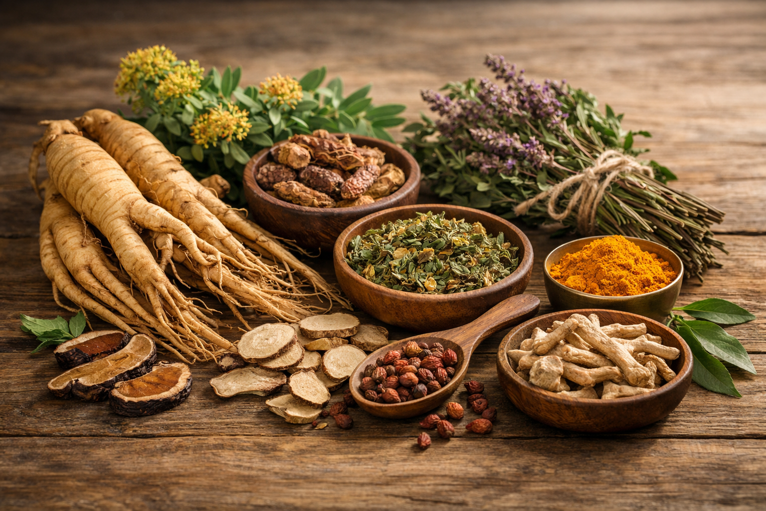 Natural herbal ingredients like ginseng root, rhodiola, and adaptogenic herbs displayed on a wooden surface with soft natural lighting